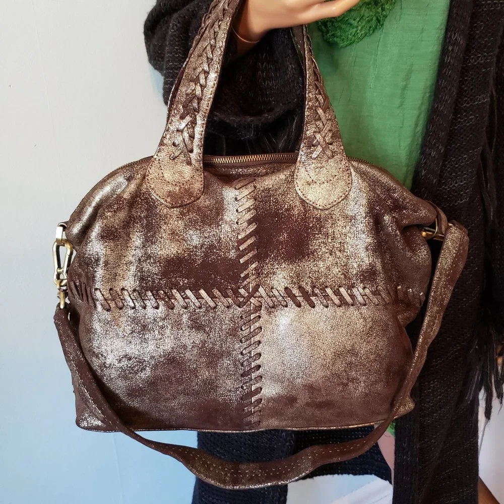 NWT SILVERADO SATCHEL, Vintage Metallic Leather with bold whipstitch detailing. - Picture 3 of 17